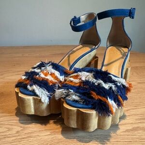 Tory Burch Alma Blue and Orange Fringe Platform Sandals